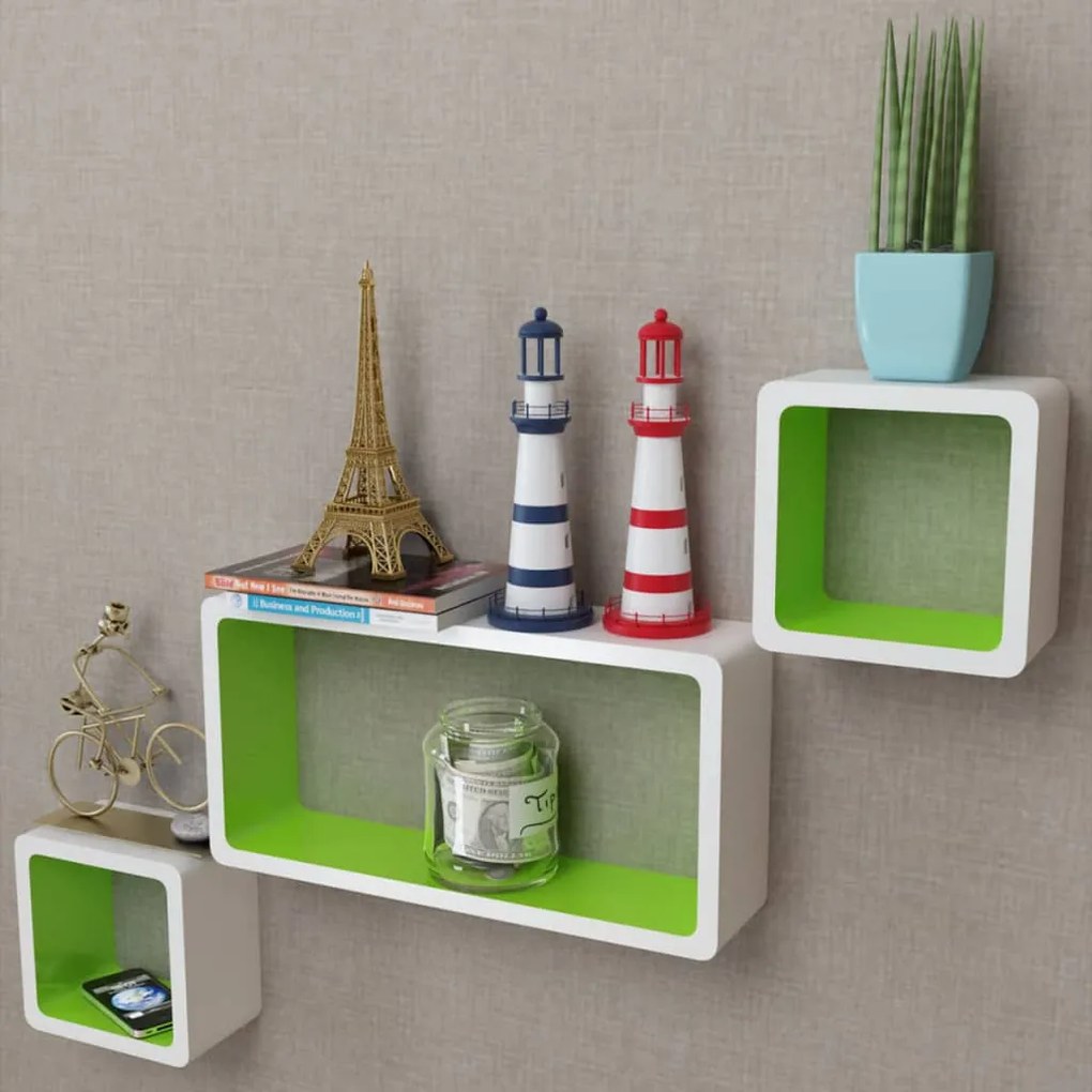 Conjunto 3 prateleiras de parede cubos MDF branco-verde