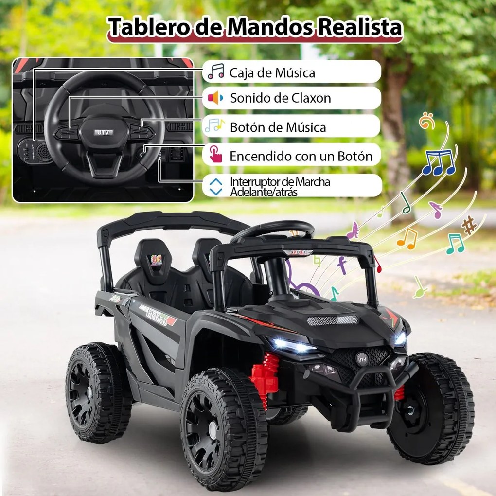 Carro elétrico infantil de 12 V, com comando à distância, 3 velocidades, luzes LED, música, buzina, veículo a bateria para crianças, Preto
