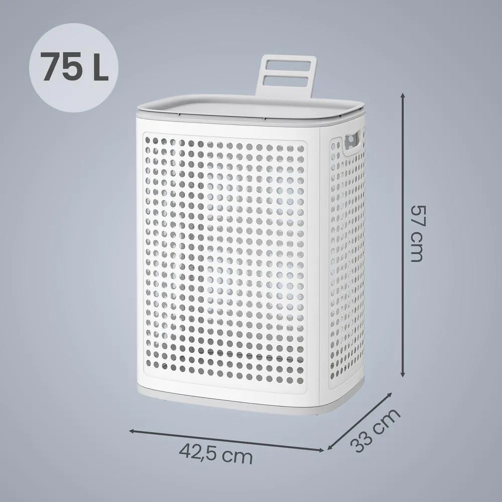 Cesto de roupa suja em plástico, cesto de 75 L, 42,5 x 33 x 57 cm branco-cinzento