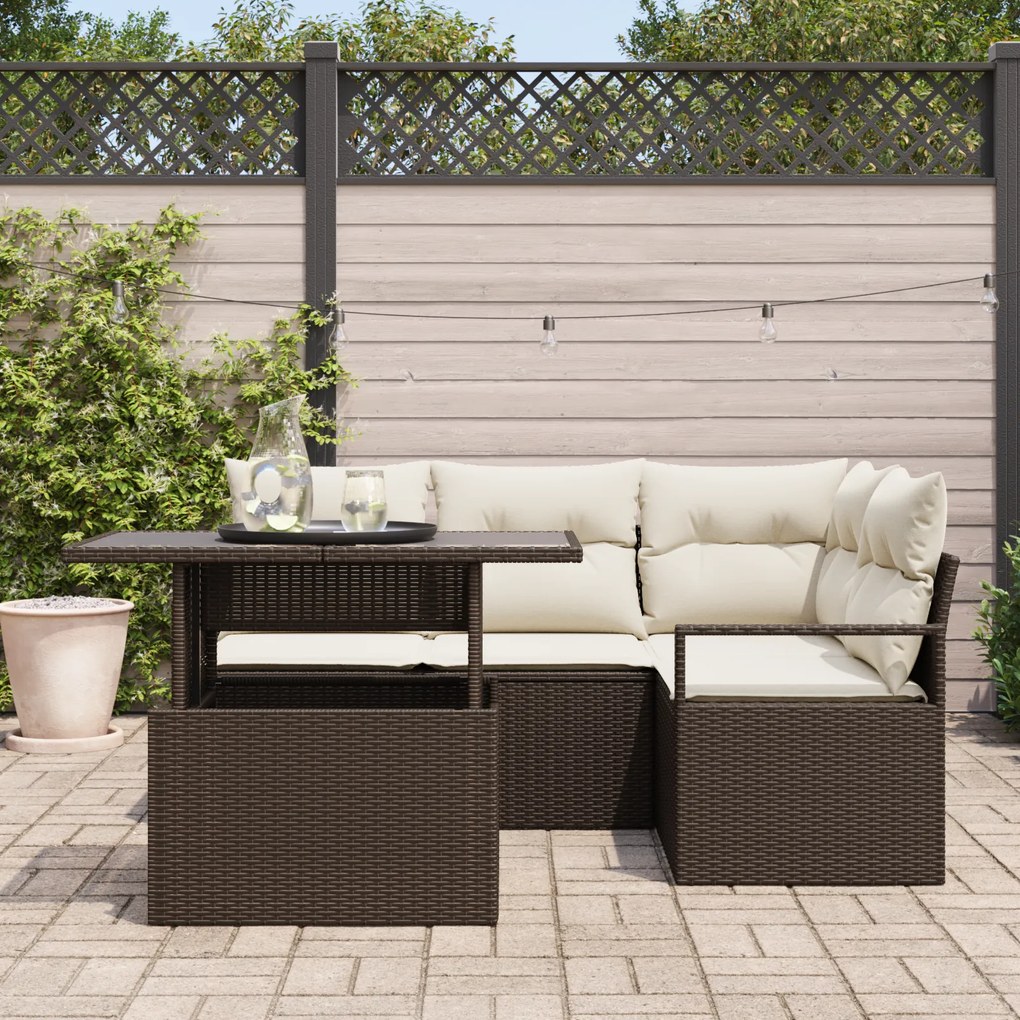 Conjunto de Sofá Jardim de 5 Peças com Almofadas Castanho Rattan Poly,