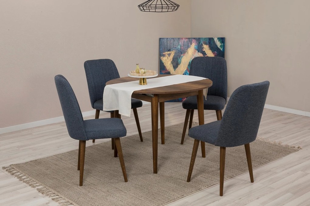 Conjunto de Mesa de Jantar Extensível Vina – Nogueira e Azul Marinho –