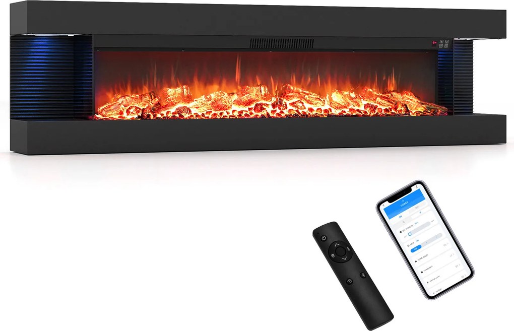Lareira Elétrica de Parede com Vista de Três Lados, 152,4 x 20,6 x 41,8 cm, Controlo por Wi-Fi, Preto