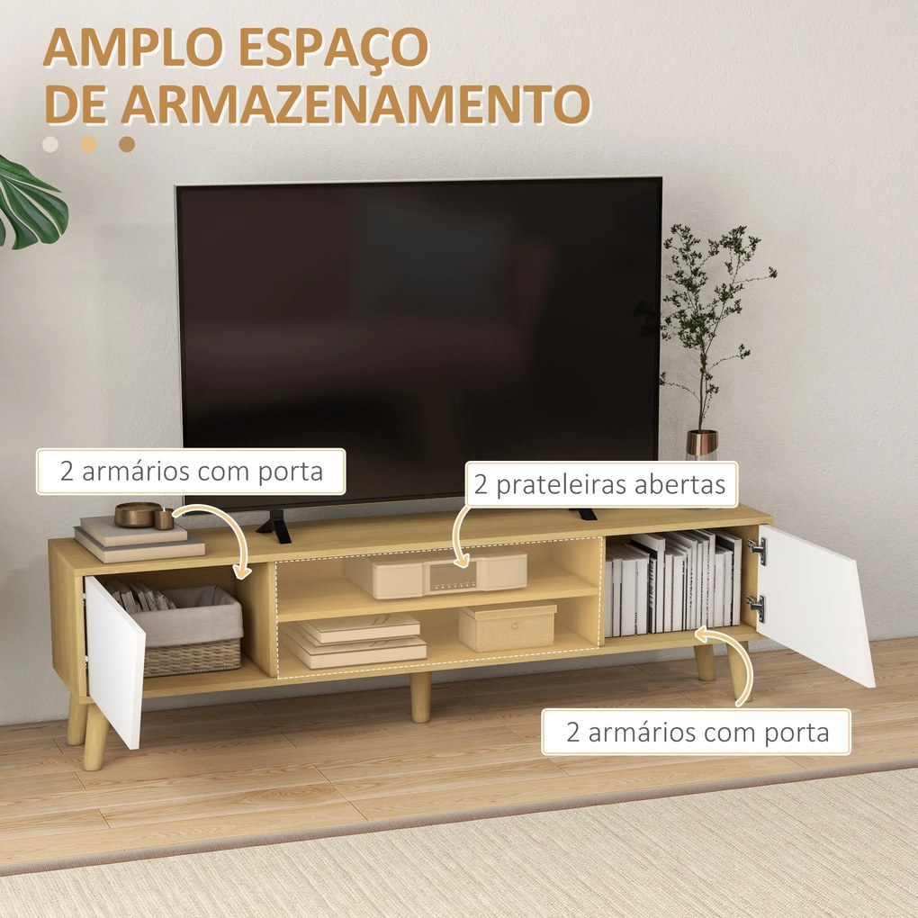 Móvel de TV com 2 Portas e 2 Estantes para Televisores de até 65 Polegadas 150x30x42 cm Madeira e Branco
