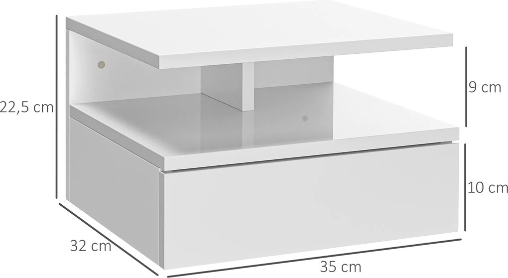 Conjunto de 2 Mesas de Cabeceira Flutuante com 1 Gaveta e Prateleira Aberta Montado na Parede 35x32x22,5 cm Branco
