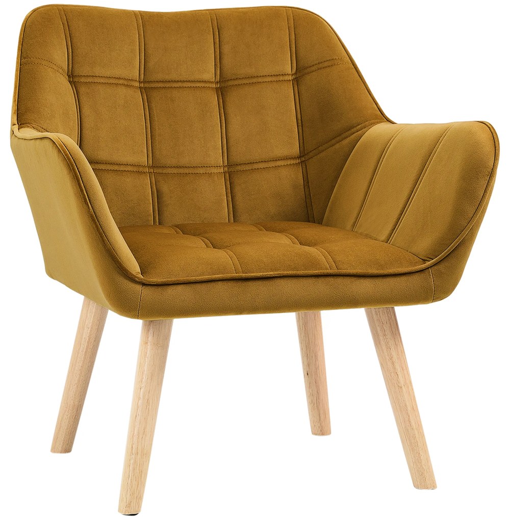 HOMCOM Poltrona Moderna Poltrona de Leitura Estofada em Veludo com Assento Amplo Pés em Madeira  67x61,5x71 cm Amarelo | Aosom Portugal
