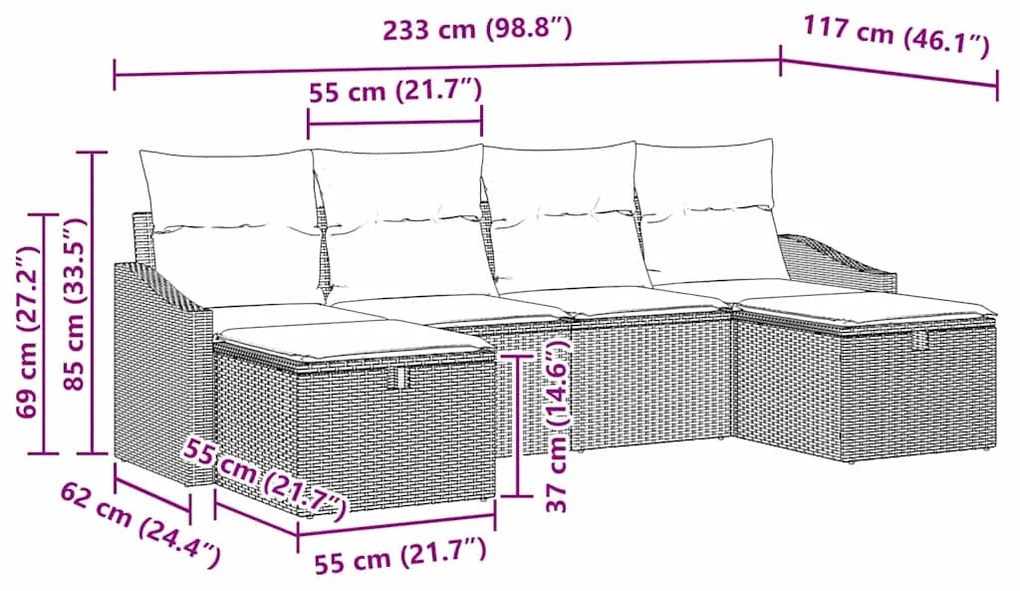 Conjunto de Sofá de Jardim com 6 Peças e Almofadas Cinza Claro em Ratt
