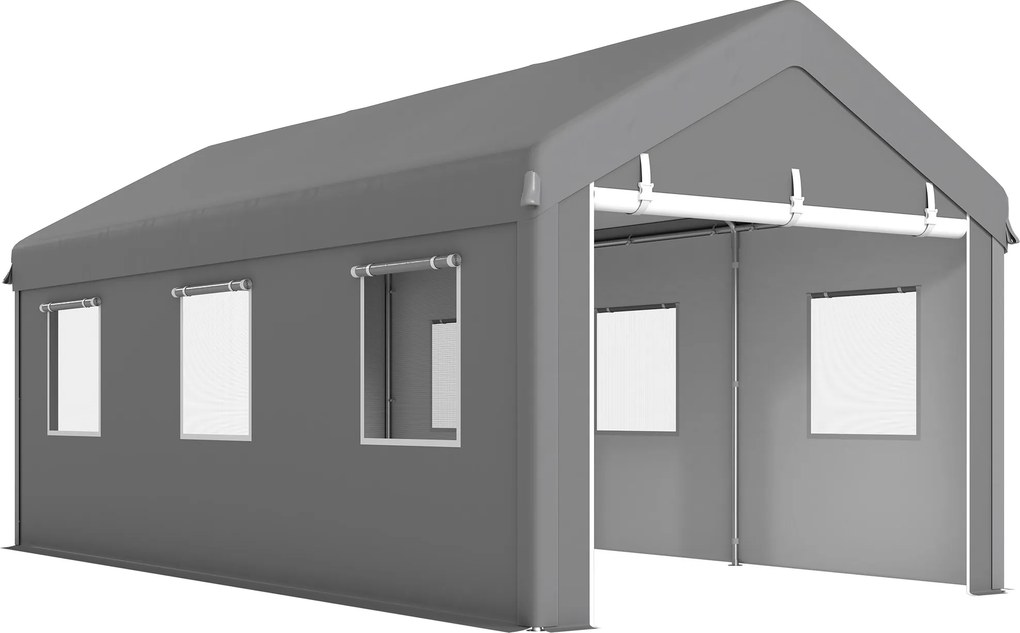 Outsunny Tenda Garagem Portátil 295x600x278 cm com 6 Janelas 2 Portas Enroláveis Resistente Exterior Cinzento | Aosom Portugal