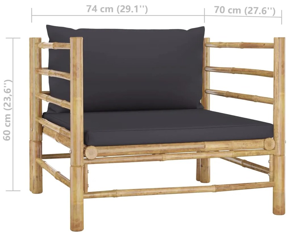 5 pcs conj. lounge jardim em bambu c/ almofadões cinza-escuro