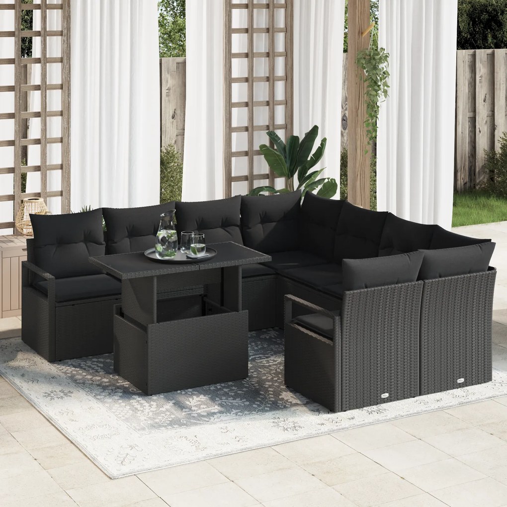 Conjunto de Sofá de Jardim vidaXL 9 Peças com Almofadas em Rattan Polí