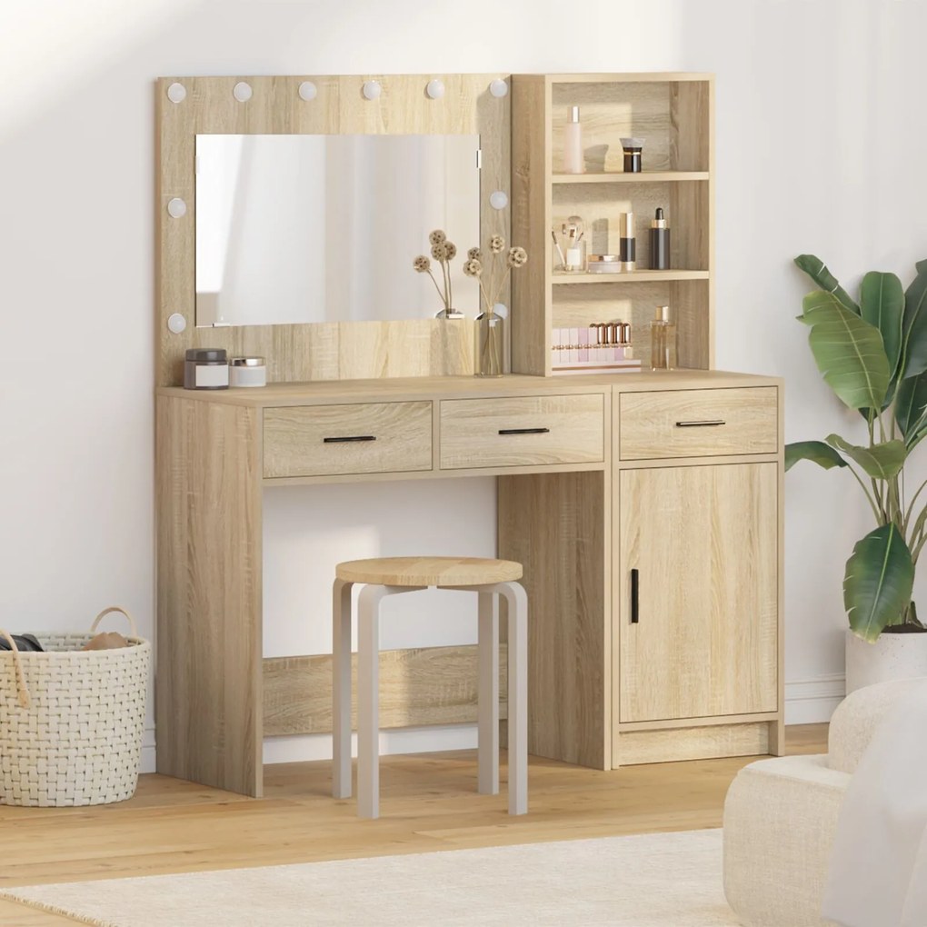 Conjunto de Mesa de Maquilhagem de 2 Peças com LED em Madeira de Carva