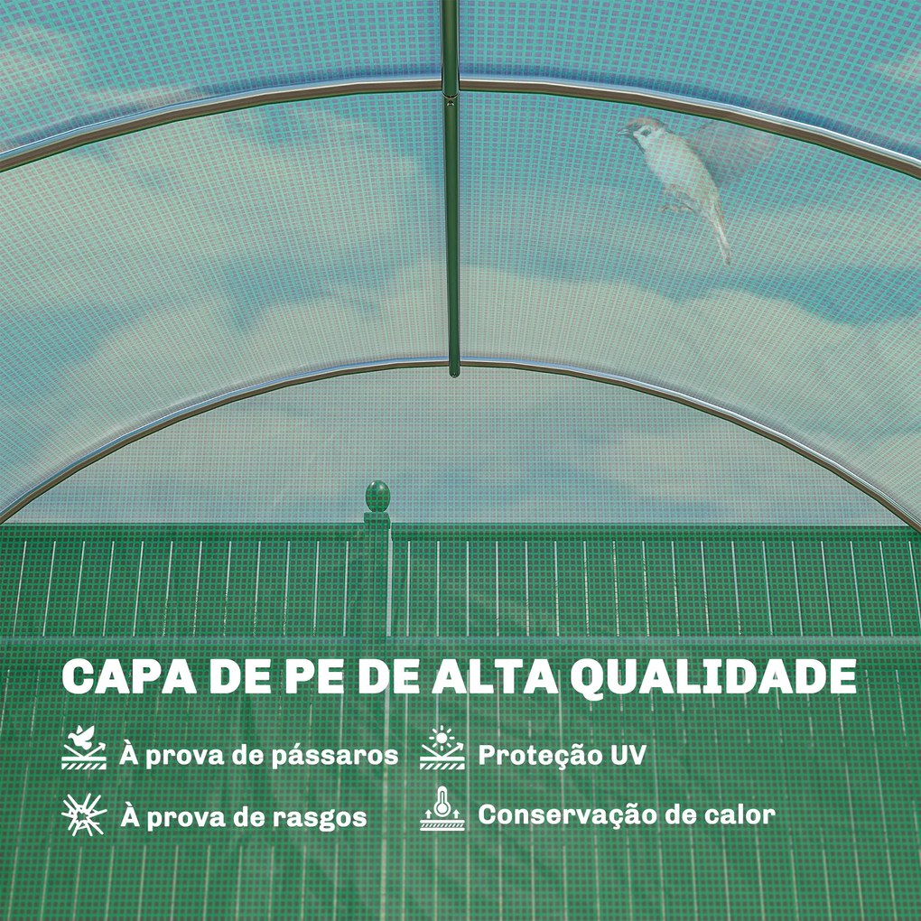Estufa Túnel 6x3x2 m com Porta com Dobradiças 12 Janelas com Rede e Estrutura de Aço Galvanizado Verde