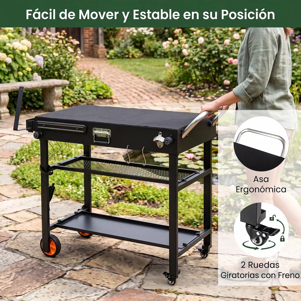 Carrinho Auxiliar para Churrasco, 109 x 46 x 86,5 cm, Dobrável, Preto