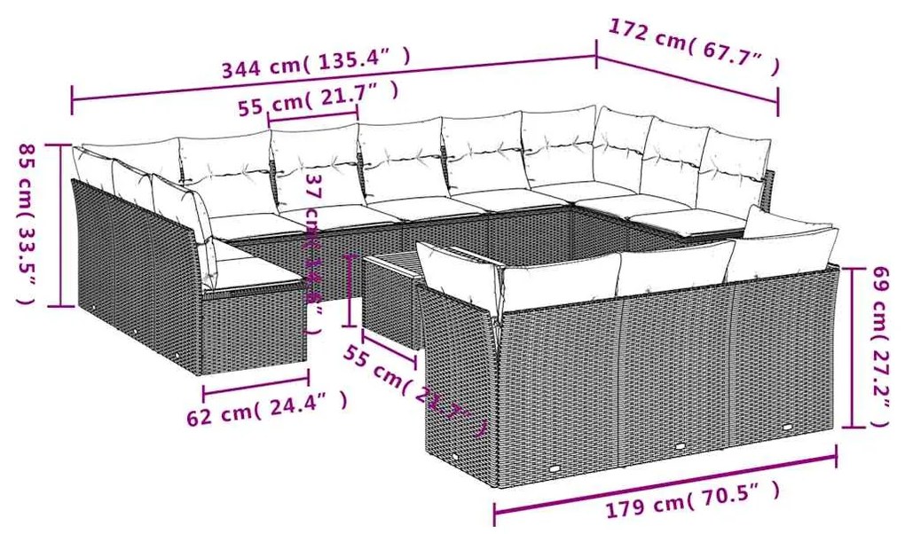 14 pcs conjunto sofás p/ jardim c/ almofadões vime PE cinzento