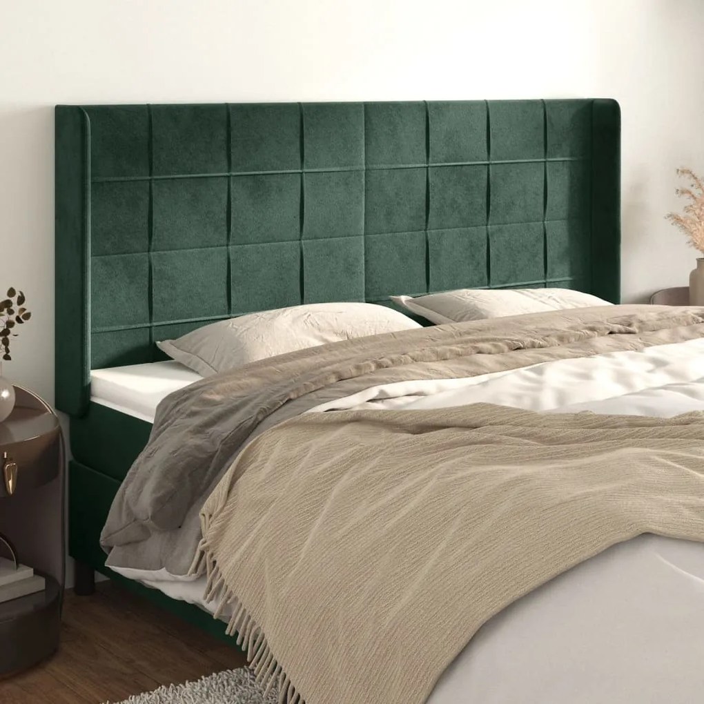 Cabeceira cama c/ abas veludo 163x16x118/128 cm verde-escuro