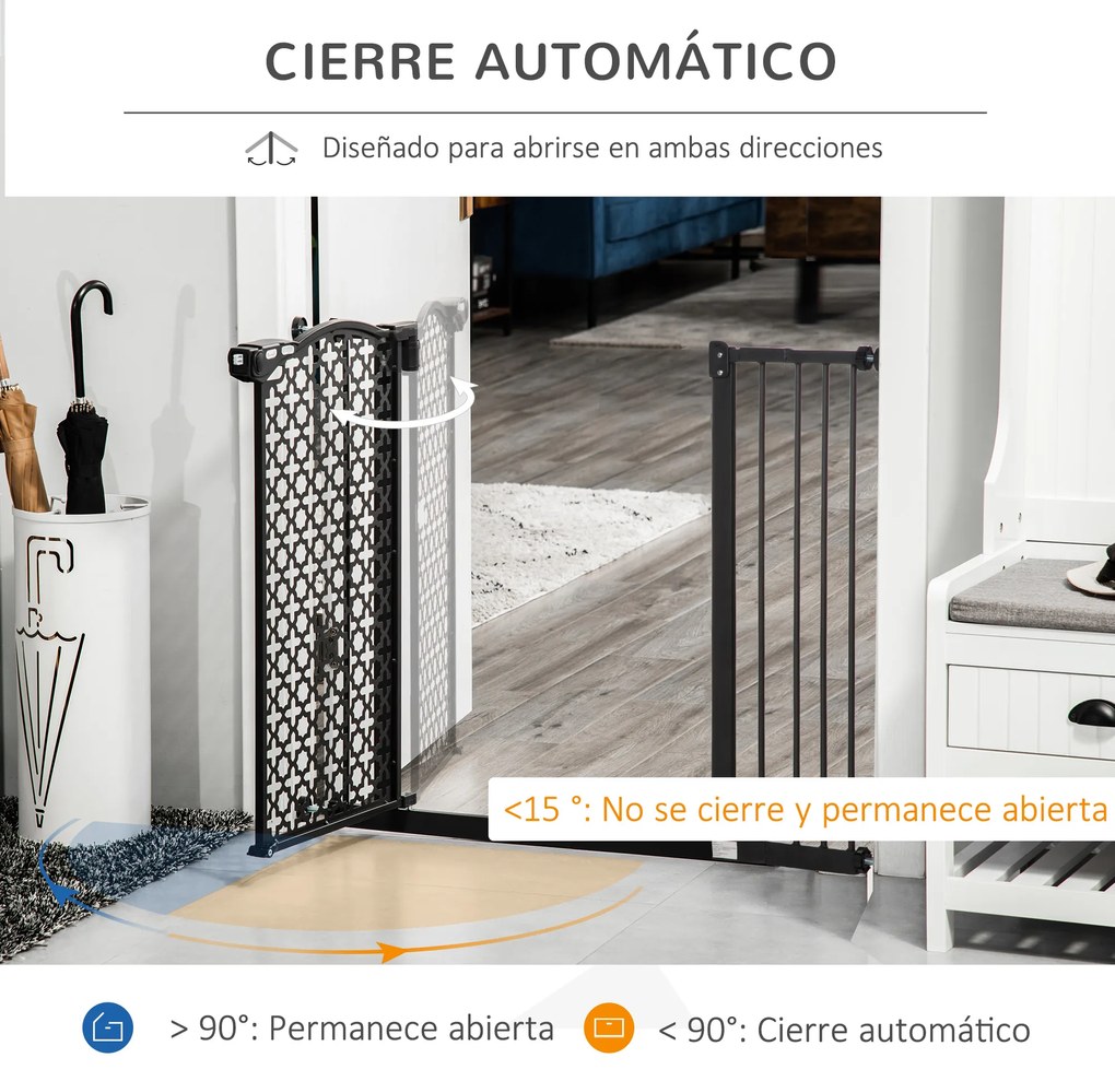 PawHut Barreira de Segurança para Cães Animais de Estimação para Portas Escadas Corredores 74-105cm com 2 Extensões de 10/15cm com Porta e Fechadura Automática Aço Preto