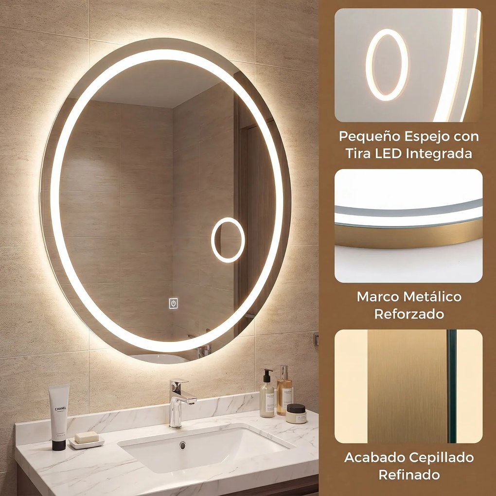 Espelho Oval de Banho, 60 x 50 x 4 cm, Iluminação LED Regulável, Cinzento prateado