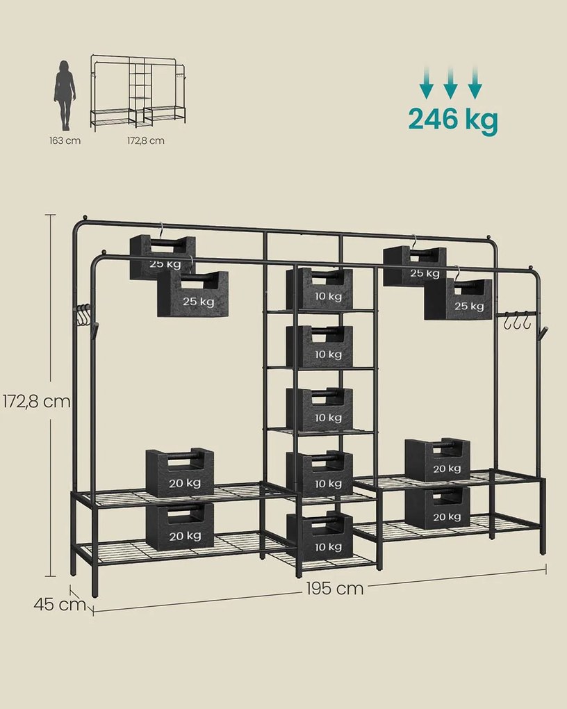 Guarda roupa 45 x 195 x 172,8 cm de metal com 9 prateleiras para quarto, preto