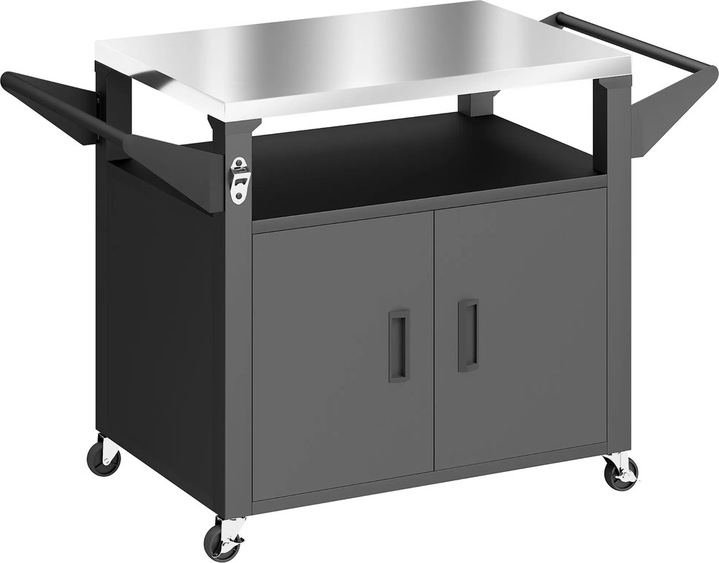 Outsunny Carrinho de cozinha com rodas, carrinho de servir, carrinho com armário, pegas, superfície em aço inox 117 x 55 x 78 cm Preto | Aosom Portugal