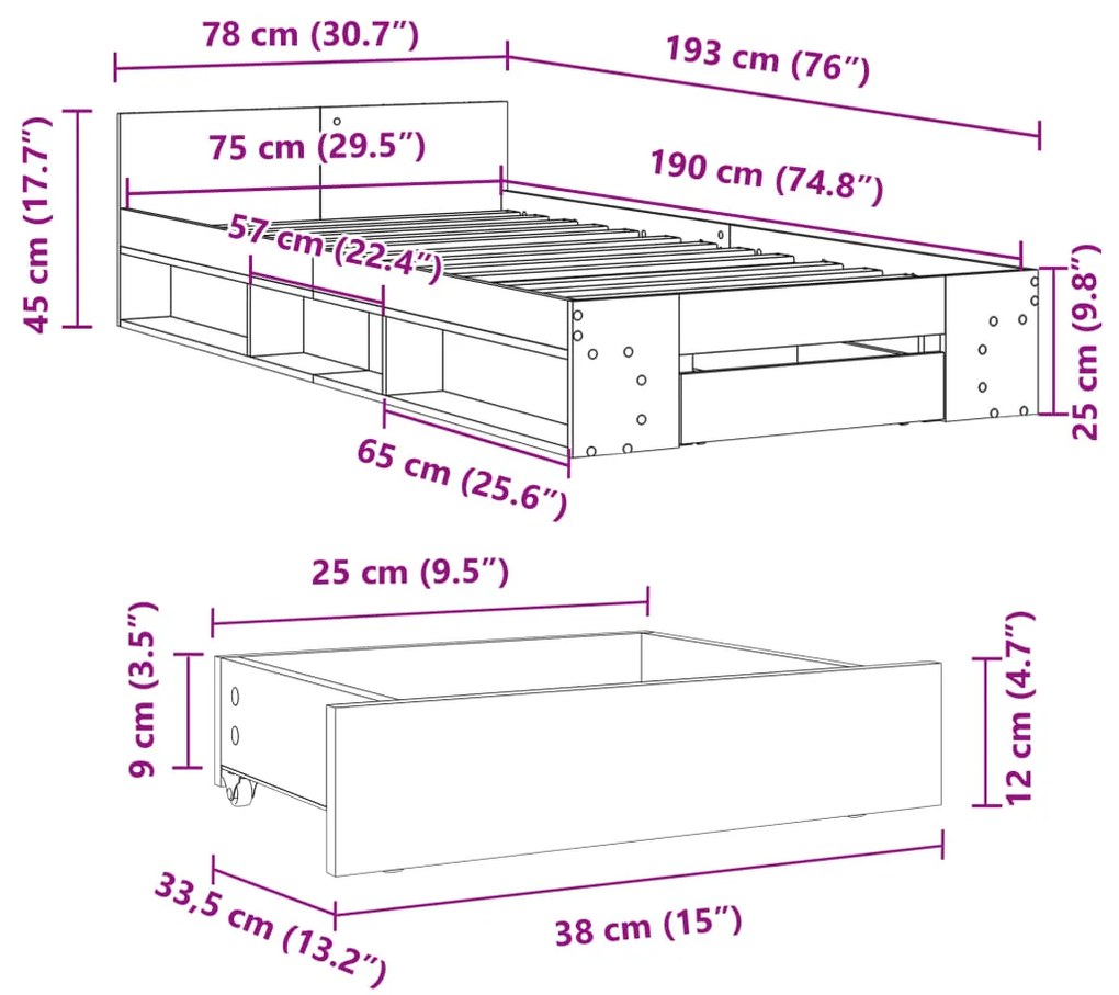 Estrutura cama c/ gaveta 75x190 cm derivados de madeira preto