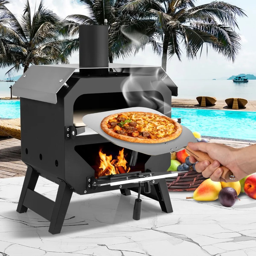 Forno para pizza ao ar livre com pedra para pizza, tabuleiro e tampa em aço inoxidável para campismo 45 x 43 x 61 cm Preto