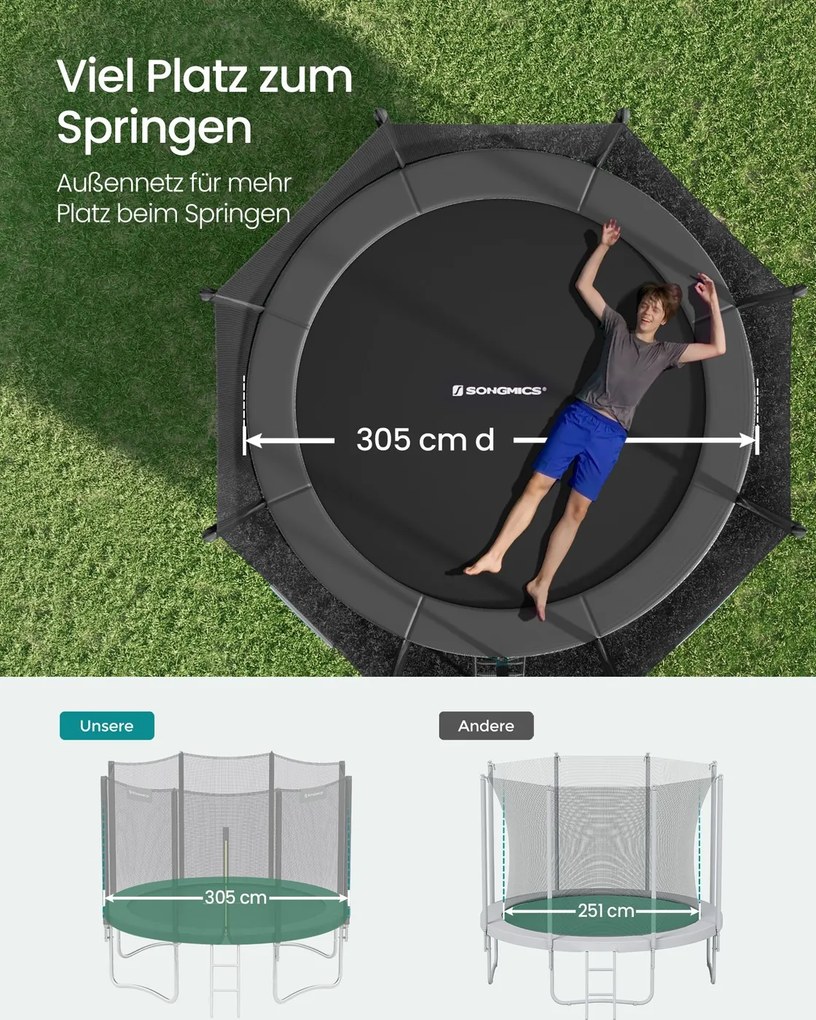 Trampolim de 305 cm com rede de segurança de 180 cm e varas pretas