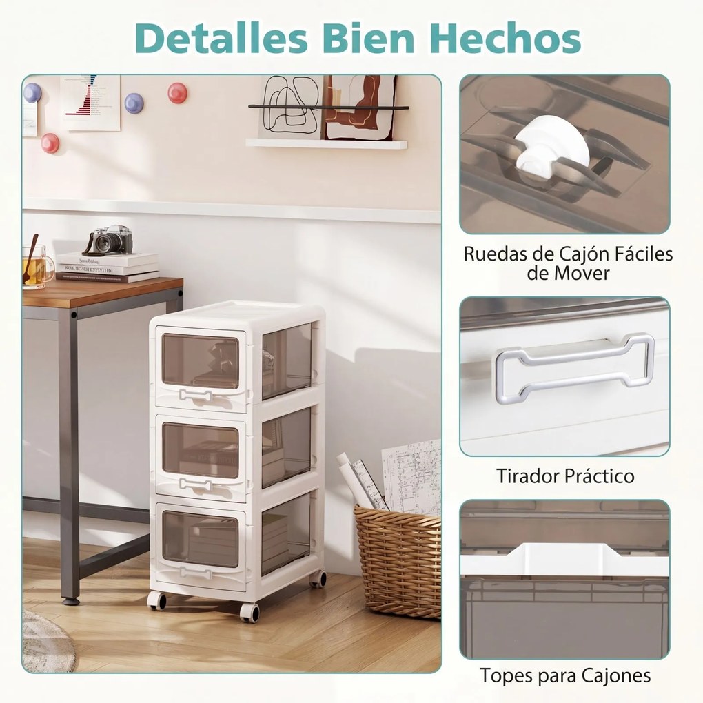 Carrinho de Arrumação com 3 Gavetas, 42 x 28 x 70,5 cm, Gavetas Transparentes, Branco