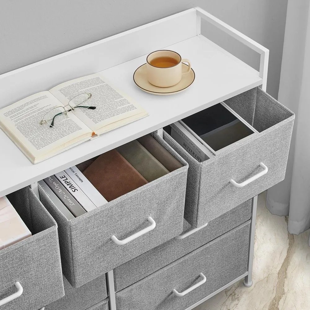 Cómoda, armário, 7 gavetas em tecido com puxadores 28,5 x 98 x 85 cm cinza-branco