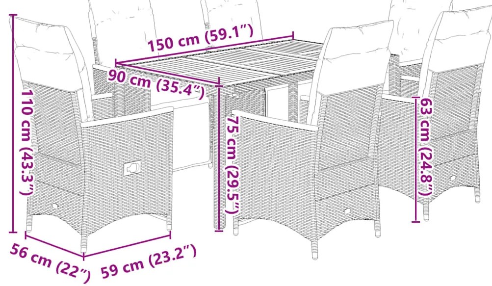 7 pcs conjunto de bistrô p/ jardim c/ almofadões vime PE preto