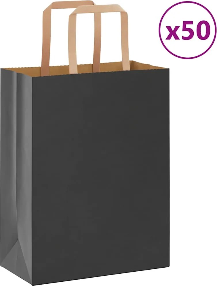 vidaXL Sacos de papel 50 unid com alças preto 21x11x28 cm