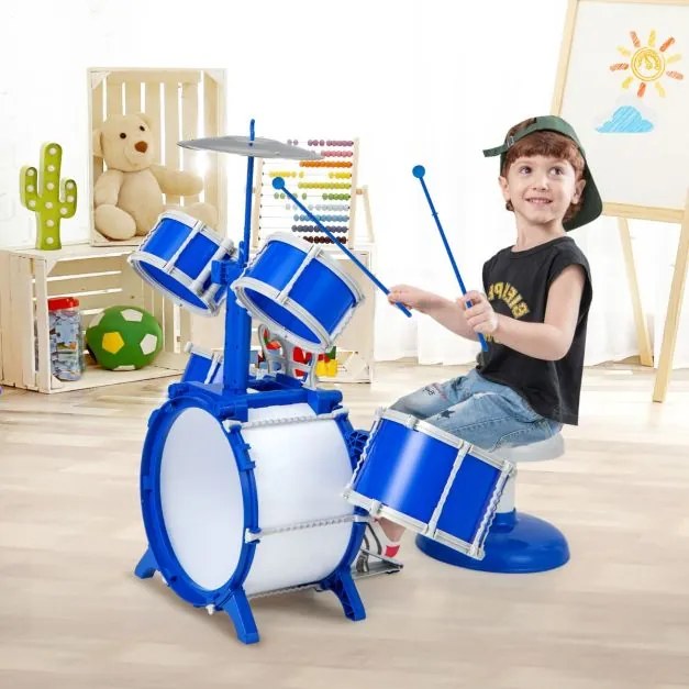 Conjunto de bateria infantil com 5 tambores jazz rock com bombo, 1 prato, 2 baquetas e 1 pedal para maiores de 3 anos. Azul