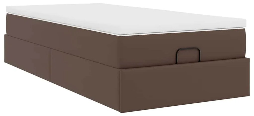 Estrutura de cama otomana com colchão marrom couro falso