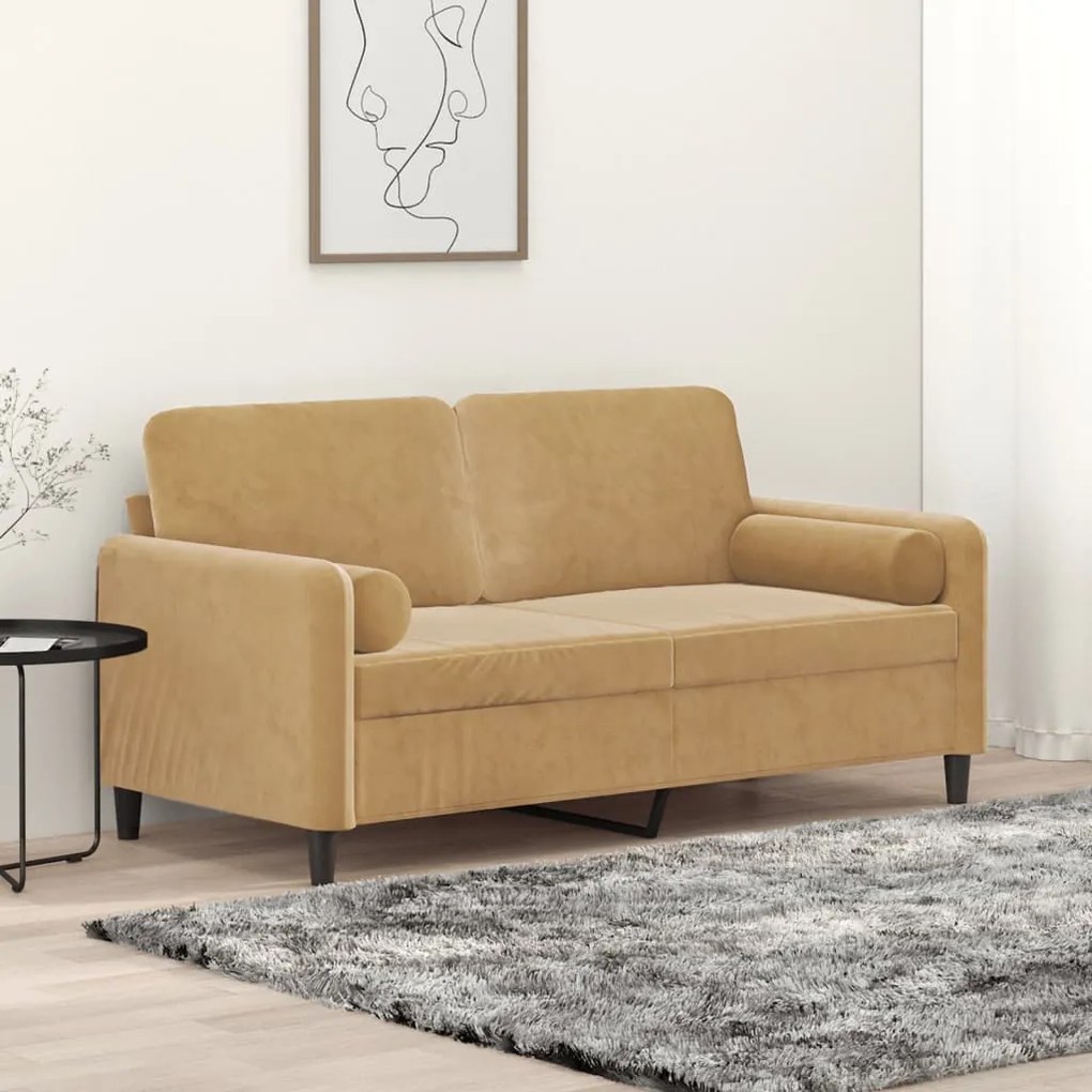 Sofá 2 lugares c/ almofadas decorativas 140 cm veludo castanho