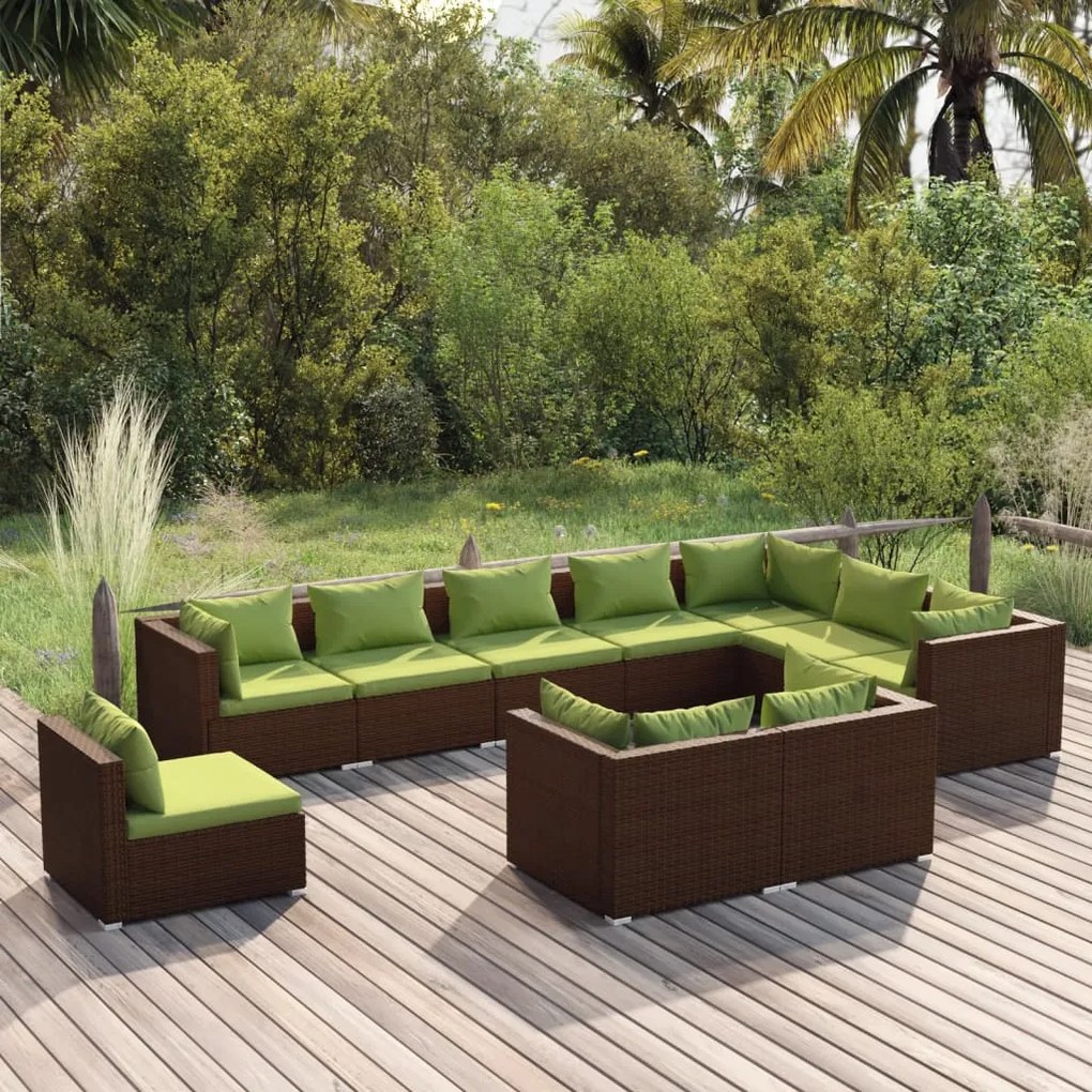 vidaXL 10 pcs conjunto lounge jardim c/ almofadões vime PE castanho