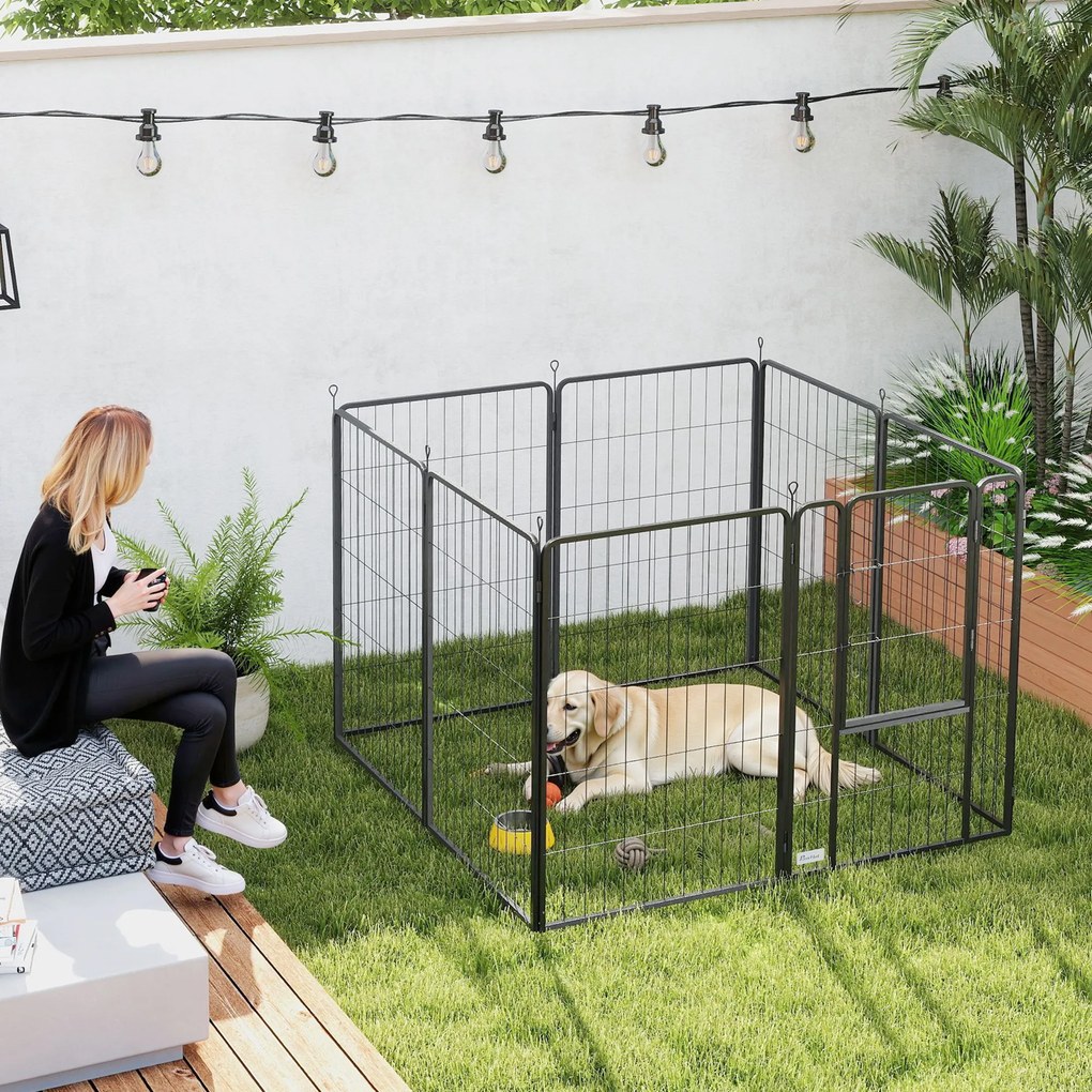 Parque para Cães de 8 Painéis 68x100 cm Parque Dobrável para Cães Médios com Portas Fecho e Estacas Preto