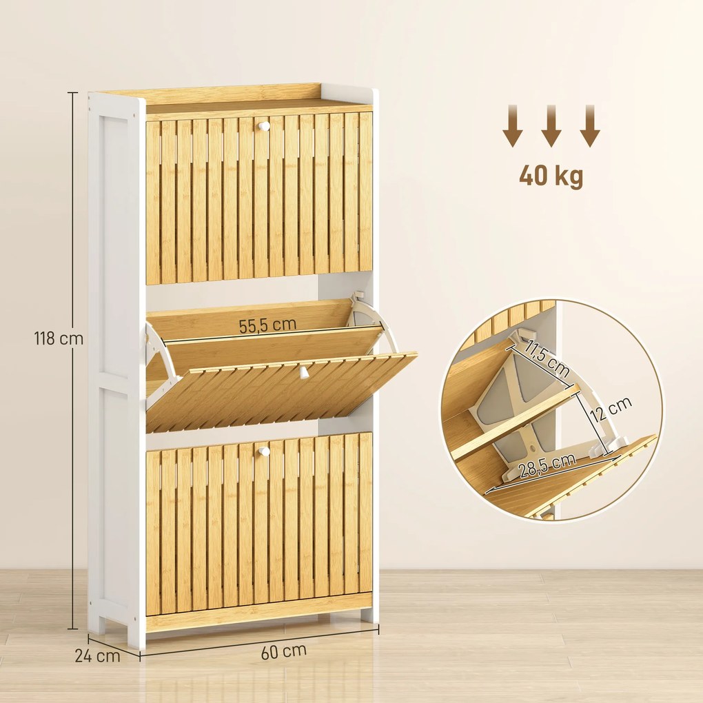 Sapateira Estreita com 3 Portas de Bambu Prateleiras Ajustáveis para 18 Pares de Sapatos 60x24x118 cm Branco e Madeira