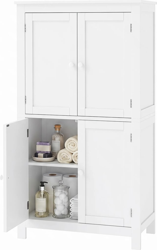 Armário de Casa de Banho, 60 x 30 x 110 cm, 4 Portas e Prateleiras Reguláveis, Branco
