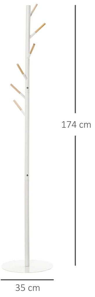HOMCOM Cabide de Pé de Madeira Cabide de Pé com 6 Ganchos para Roupa Bolsas e Estrutura de Metal para Sala de Estar Entrada Dormitório 35x35x174cm Branco e Madeira
