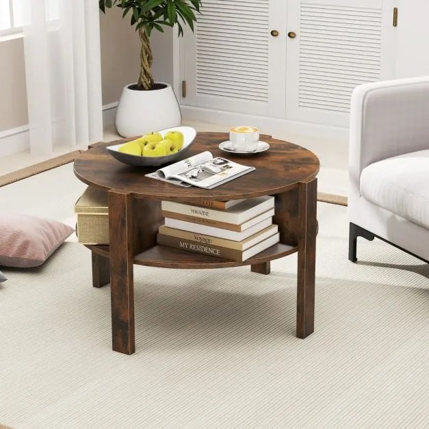 Mesa de centro redonda de 2 níveis com armazenamento de 74,5 cm com 4 prateleiras Castanha