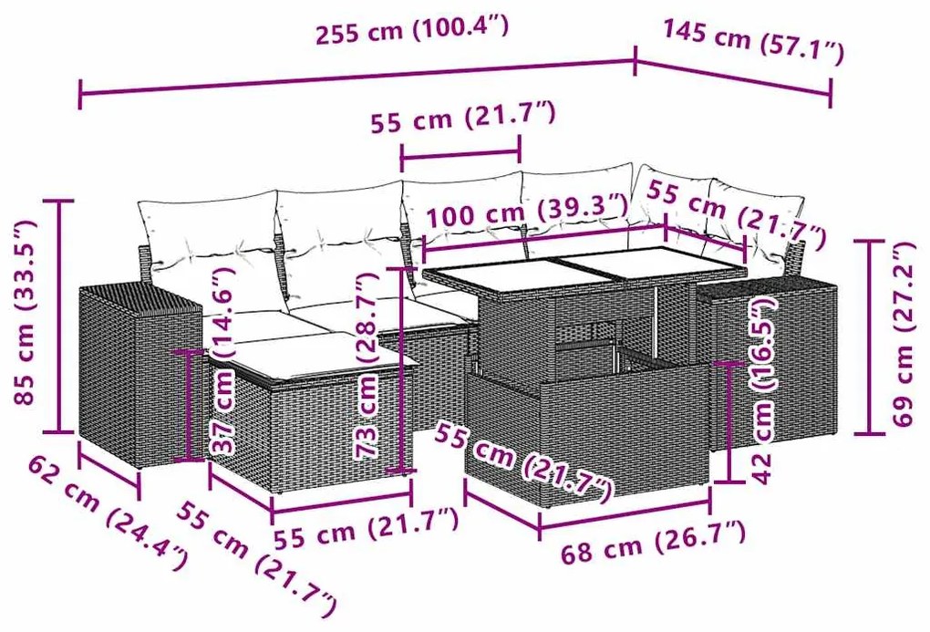 7 pcs conjunto de sofás jardim c/ almofadões vime PE castanho