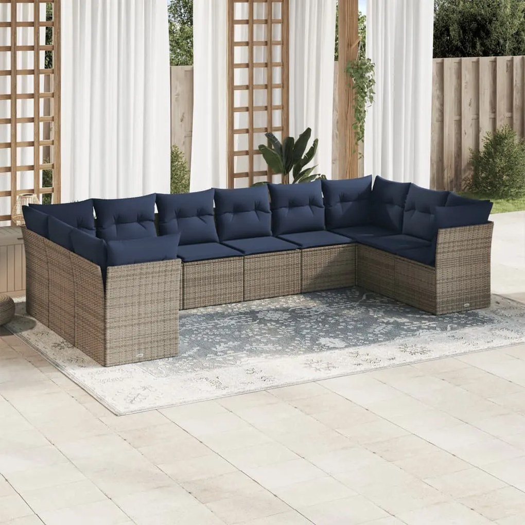 vidaXL 10 pcs conjunto sofás p/ jardim c/ almofadões vime PE cinzento