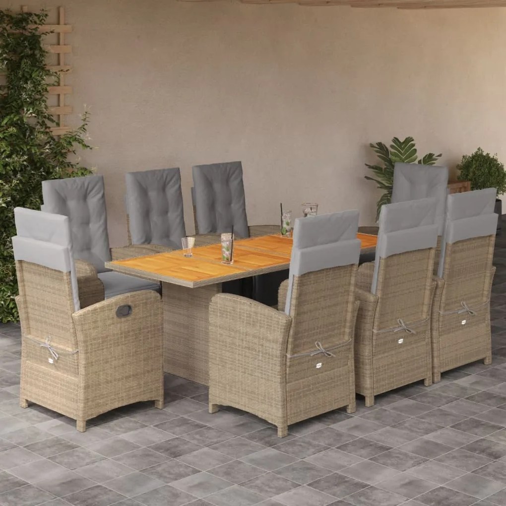 vidaXL 9 pcs conjunto de jantar p/ jardim com almofadões vime PE bege
