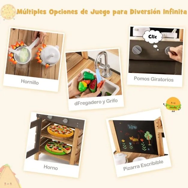 Cozinha Ar Livre para Crianças com Quadro Preto Fogões Pia Torneira Forno Acessórios de Cozinha e Prateleiras cor Natural