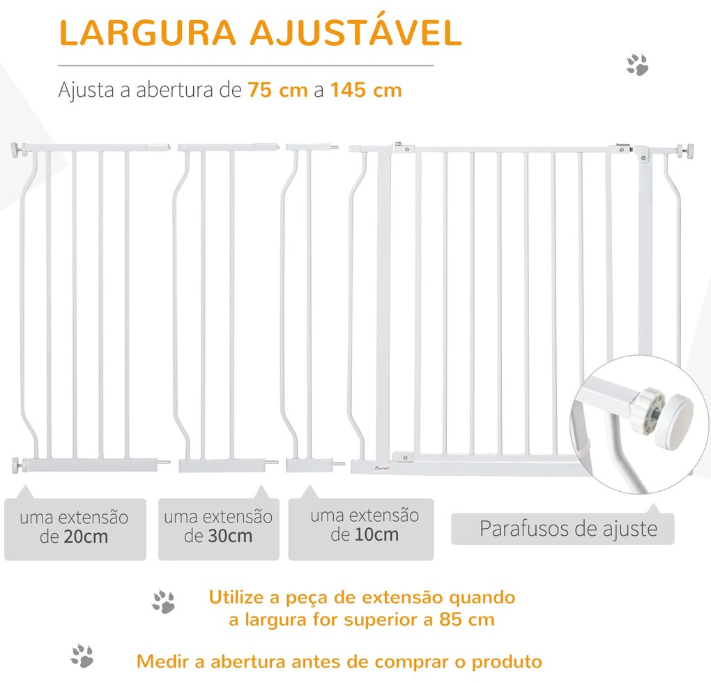 Barreira de Segurança para Cães Extensível para Escadas e Portas 75-145cm com 3 Extensões Altura 76cm Branco