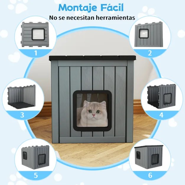 Casota para animais de estimação 62,5 cm x 54 cm x 56,5 cm isolada exterior e interior com 2 portas em PVC e telhado inclinado para gatos, cães pequen