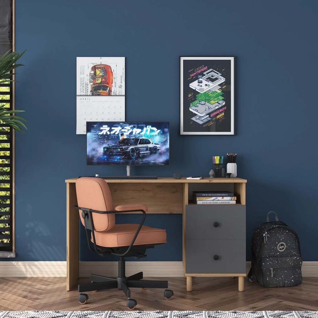 Secretária de Estudo HA109 – Nogueira e Antracite – 120x73,8x50 cm