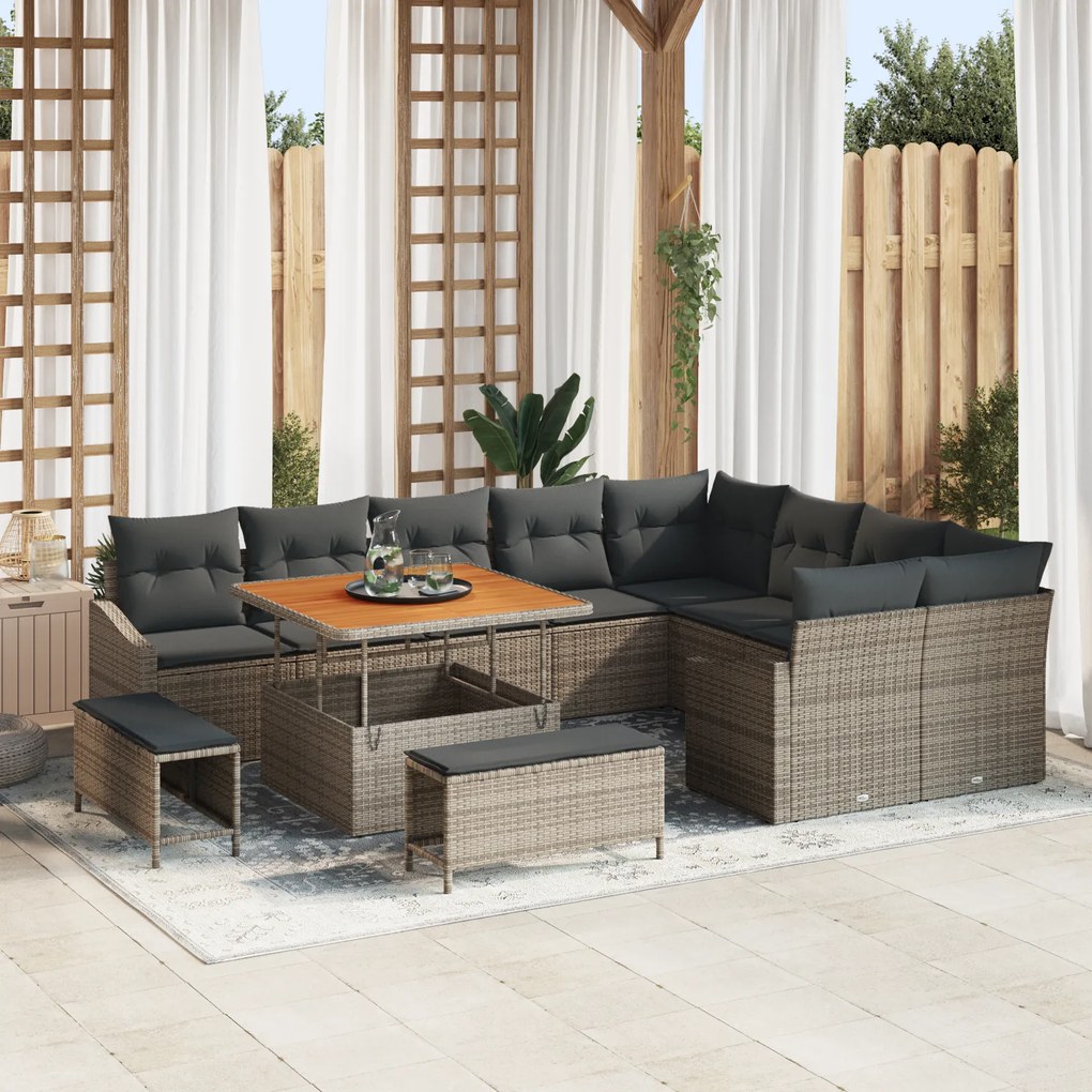 Conjunto de Sofá de Jardim de 12 peças com Almofadas Cinza de Rattan P