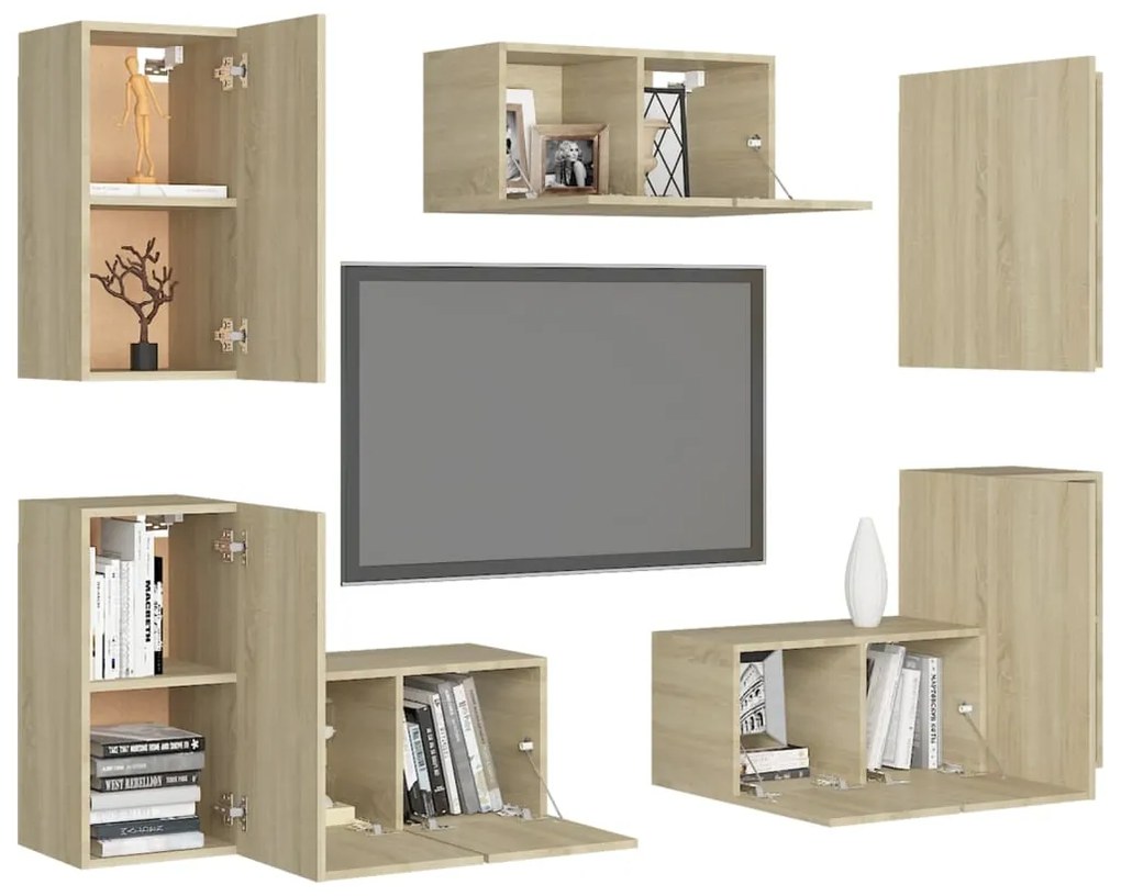 7pcs conjunto móveis de TV derivados de madeira carvalho sonoma