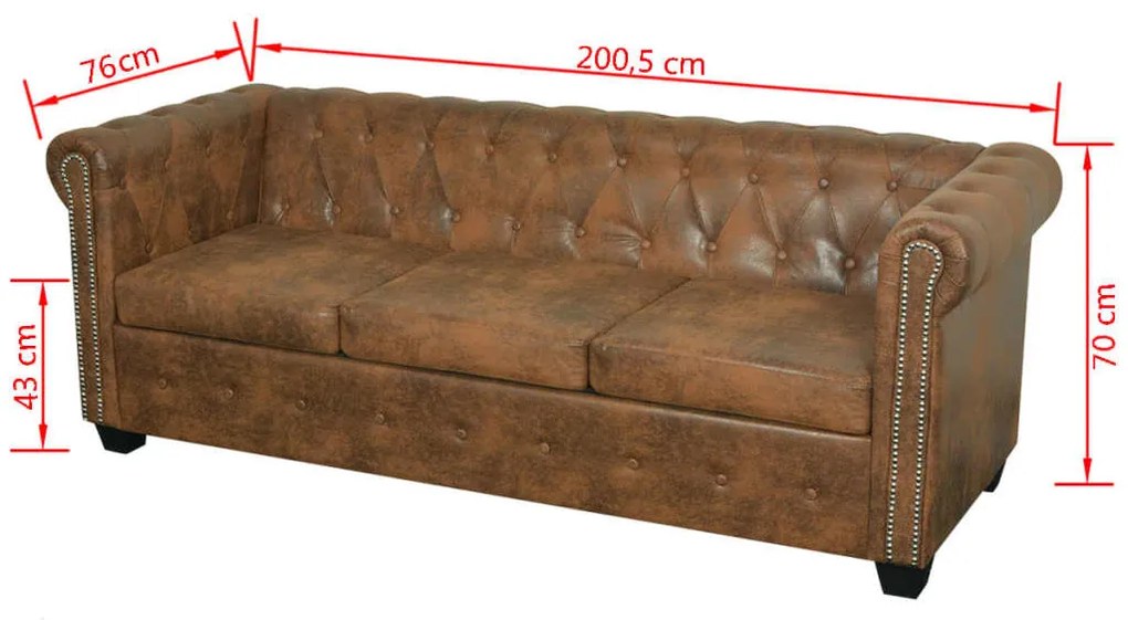 Sofá Chesterfield de 3 Lugares em Couro Artificial - Cor Castanho - De