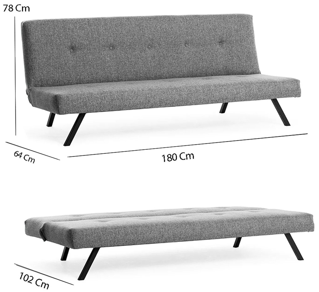 Sofá-Cama Zola de 3 Lugares com Estrutura Metálica – 180x102 cm – Cinz