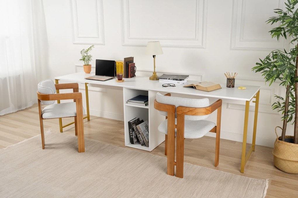 Secretária Twin Study Desk – Branco Dourado – 240 x 74 x 60 cm